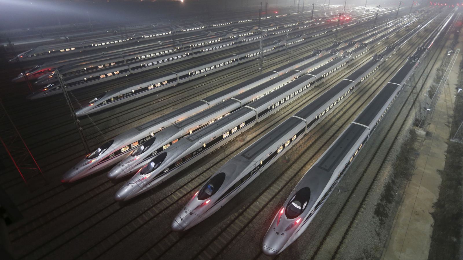 CRH380 Harmony bullet trains are seen at a high-speed train maintenance base in Wuhan