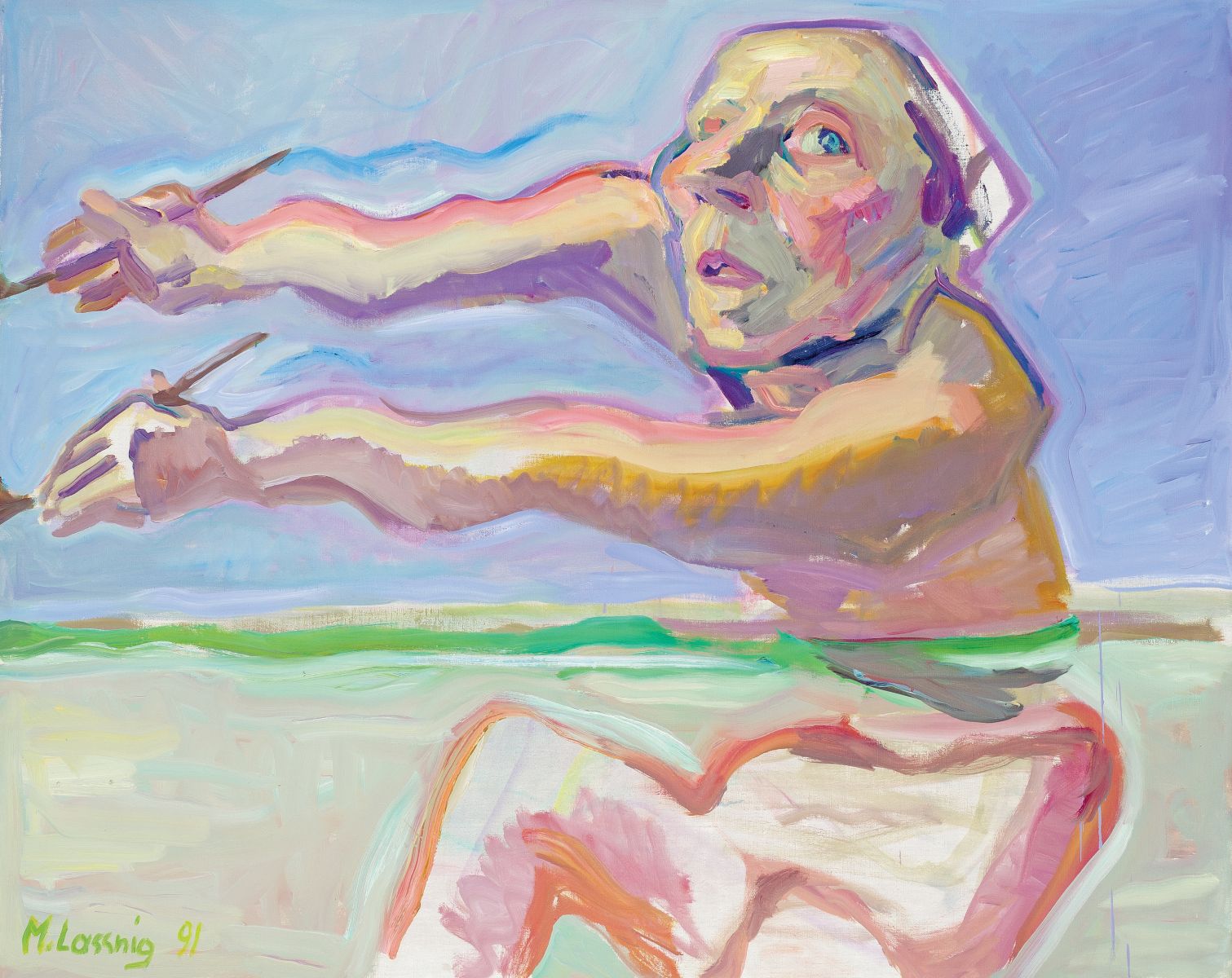 Maria Lassnig Naglo slikanje na vodi - Simultano slikanje -Slikanje z dvema rokama, 1991, Fundacija Marie Lassnig _ Bildrecht, Dunaj 2024